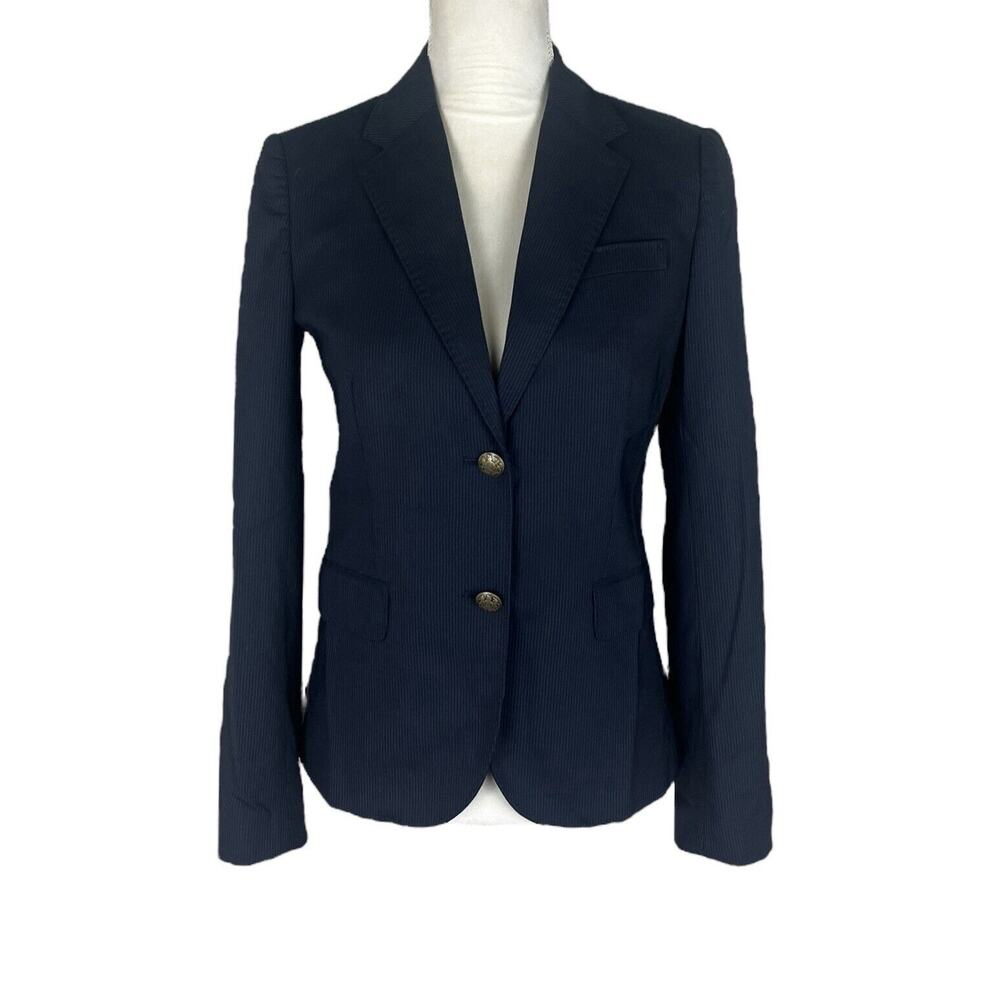 J. Crew Wool Blend Navy Blue Pinstripe Blazer Brass Buttons Academia Size 2